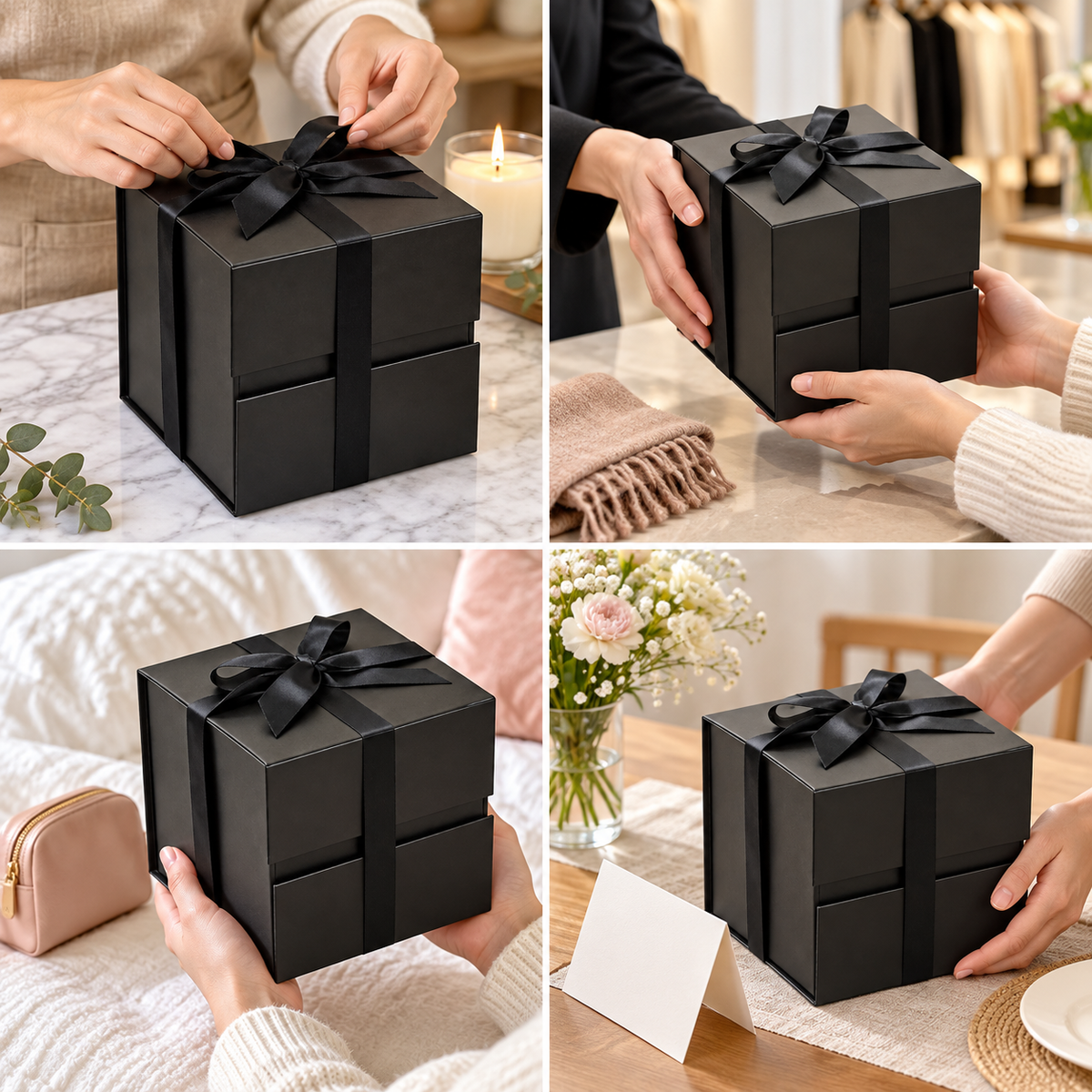 Cutie cadou cub magnetică pliabilă cu fundă - negru, detalii - CraftUp
