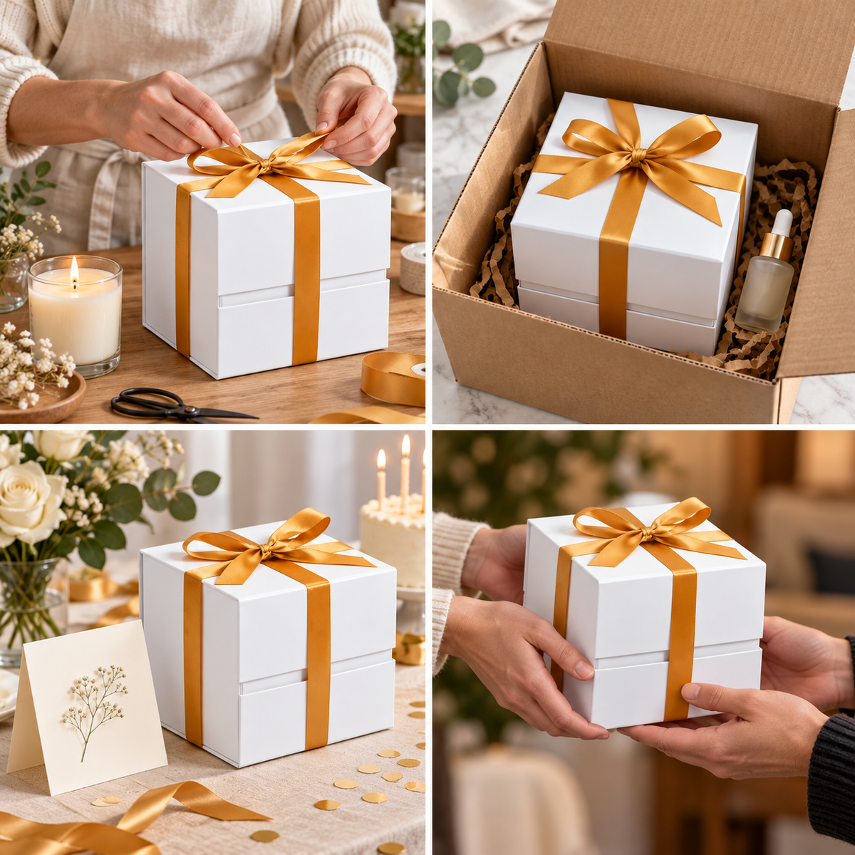 Cutie cadou cub magnetică pliabilă cu fundă - alb, detalii - CraftUp