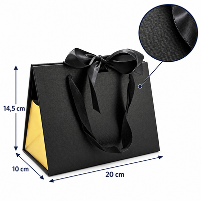 Gentuță cadou rigidă cu închidere magnetică și mânere din panglică - negru, dimensiuni - CraftUp