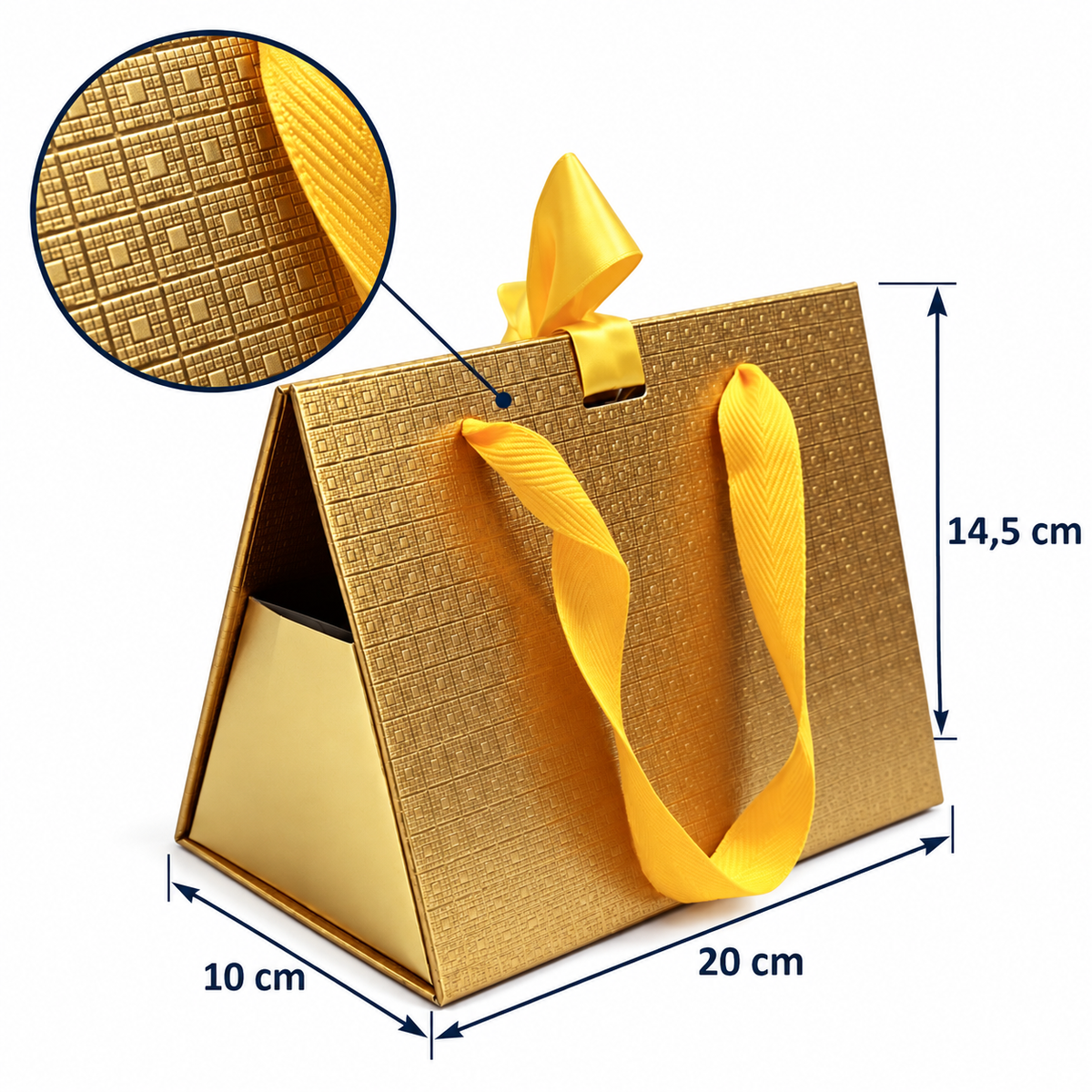 Gentuță cadou rigidă cu închidere magnetică și mânere din panglică - auriu, dimensiuni - CraftUp