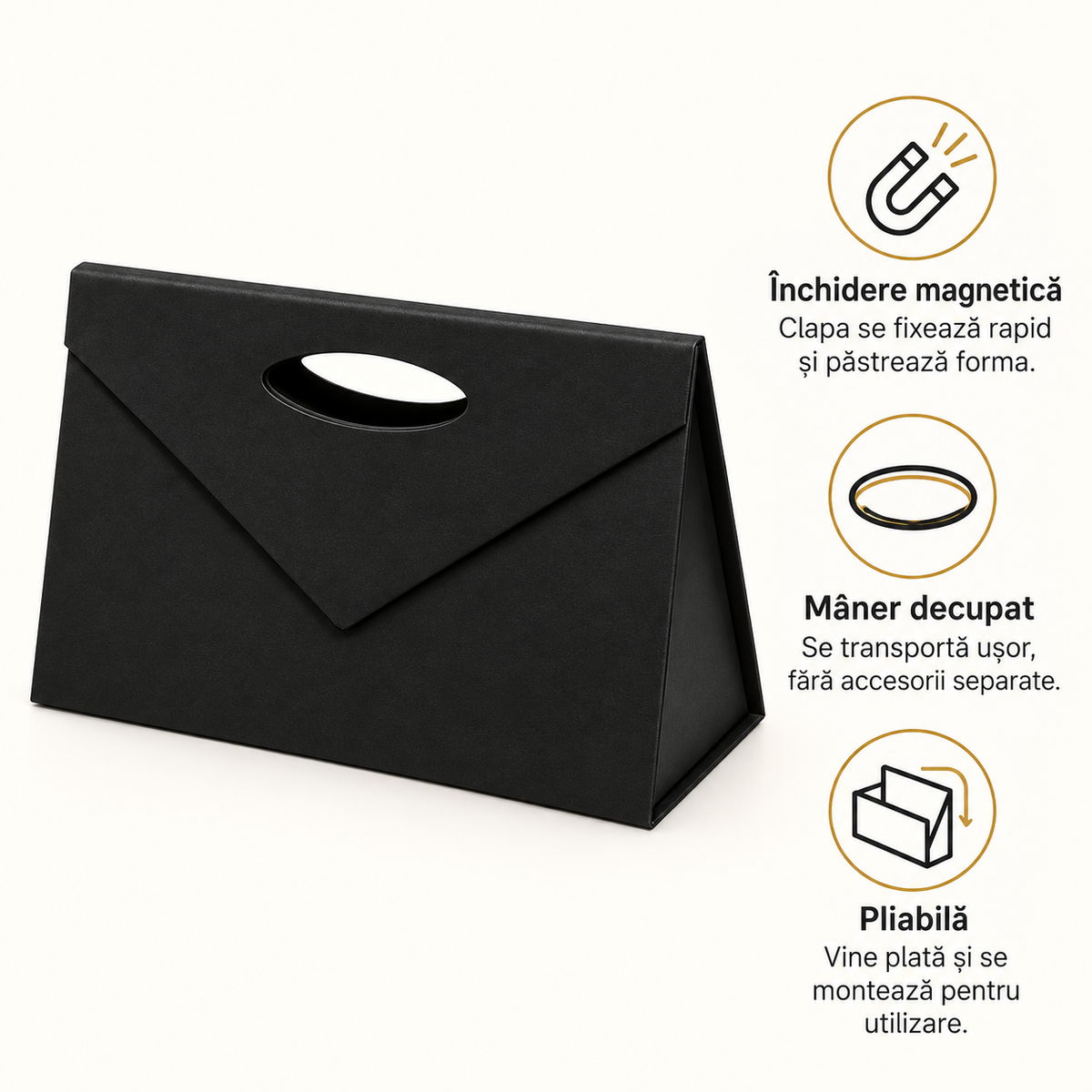 Gentuță cadou din carton tare cu închidere magnetică și mâner decupat - negru, avantaje - CraftUp