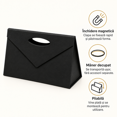 Gentuță cadou din carton tare cu închidere magnetică și mâner decupat - negru, avantaje - CraftUp