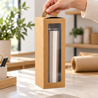 Cutii înalte cu fereastră și mâner, pentru pahare termos - kraft (set 24 buc), exemplu de utilizare - CraftUp