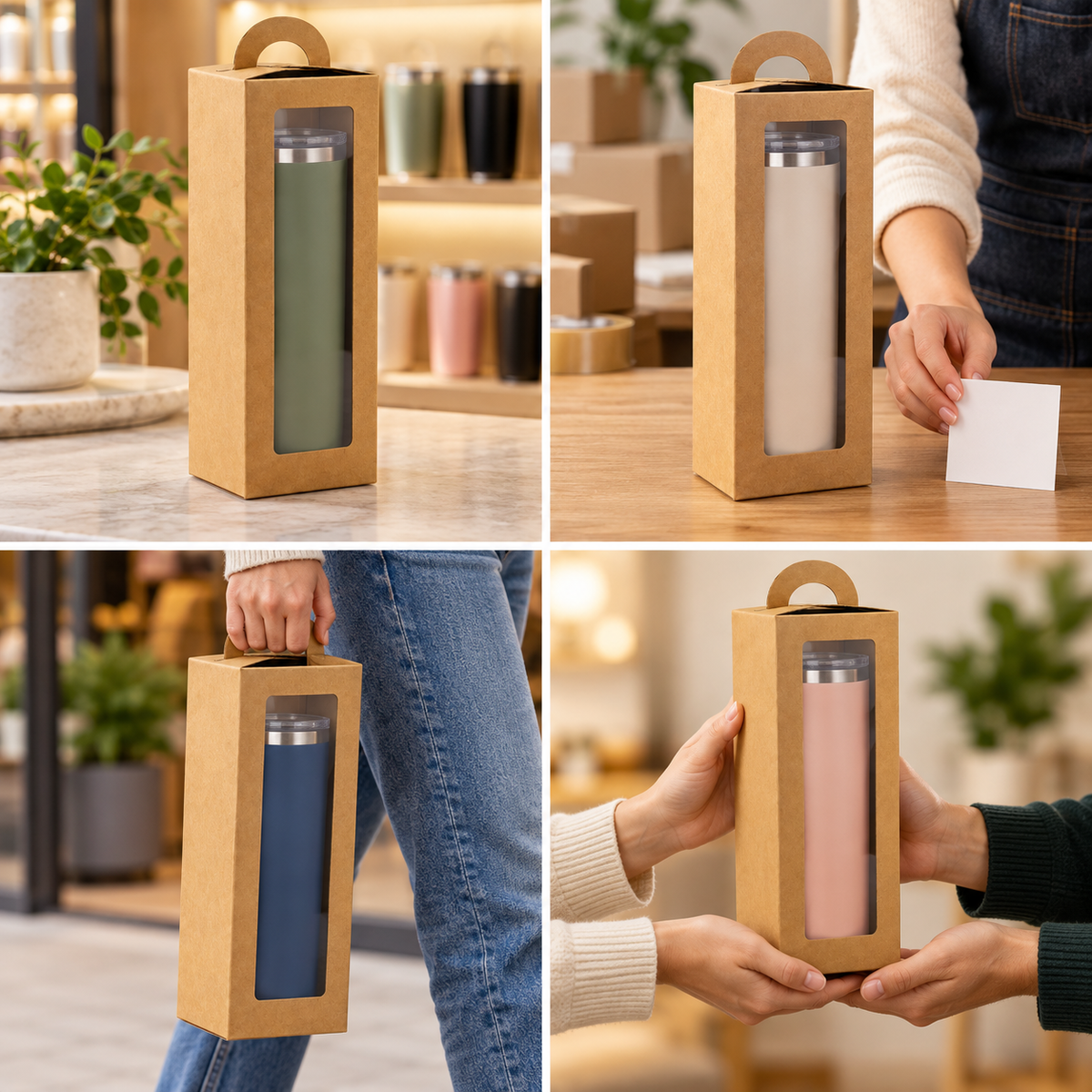 Cutii înalte cu fereastră și mâner, pentru pahare termos - kraft (set 24 buc), detalii - CraftUp