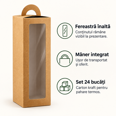 Cutii înalte cu fereastră și mâner, pentru pahare termos - kraft (set 24 buc), avantaje - CraftUp