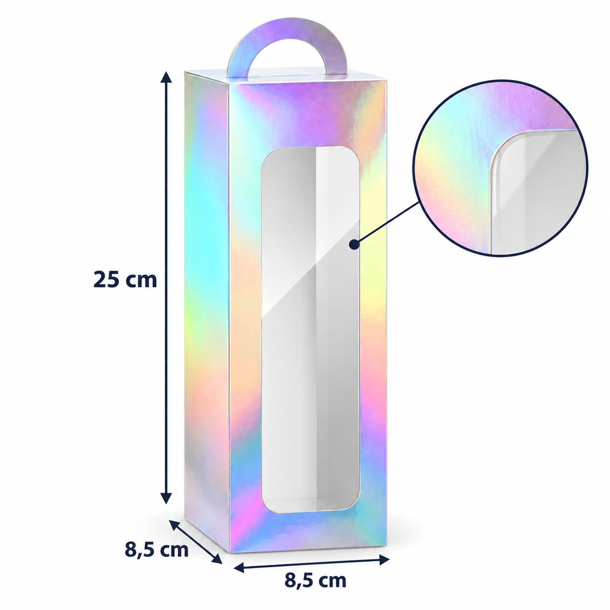 Cutii înalte cu fereastră și mâner, pentru pahare termos - holografic (set 24 buc), dimensiuni - CraftUp