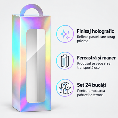 Cutii înalte cu fereastră și mâner, pentru pahare termos - holografic (set 24 buc), avantaje - CraftUp