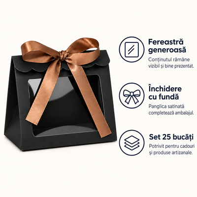 Cutii trapez cu fereastră mare și fundă din satin - negru (set 25 buc), avantaje - CraftUp