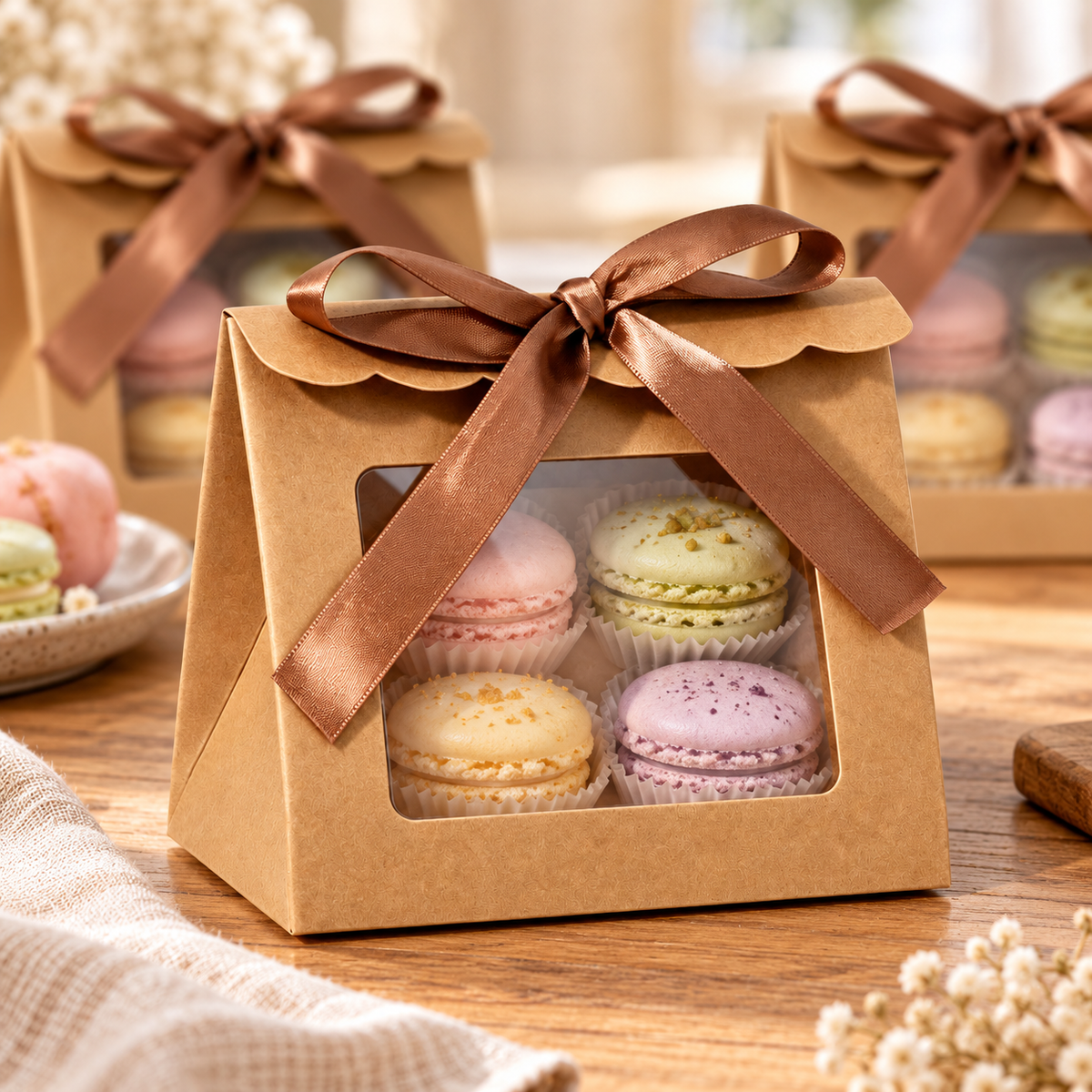 Cutii trapez cu fereastră mare și fundă din satin - kraft (set 25 buc), exemplu de utilizare - CraftUp