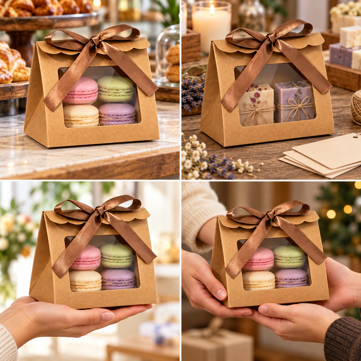 Cutii trapez cu fereastră mare și fundă din satin - kraft (set 25 buc), detalii - CraftUp