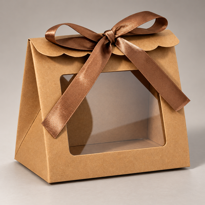 Cutii trapez cu fereastră mare și fundă din satin - kraft (set 25 buc), detaliu de aproape - CraftUp