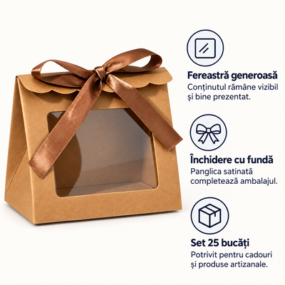 Cutii trapez cu fereastră mare și fundă din satin - kraft (set 25 buc), avantaje - CraftUp