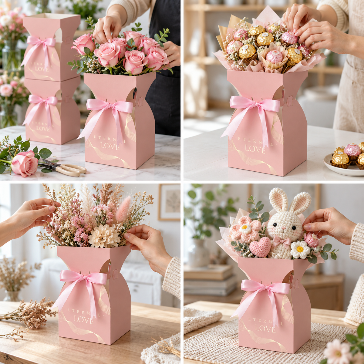 Cutii tip vază pentru buchete de flori, cu fundă - roz (set 10 buc), detalii - CraftUp