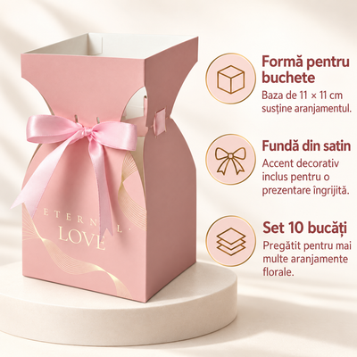 Cutii tip vază pentru buchete de flori, cu fundă - roz (set 10 buc), avantaje - CraftUp
