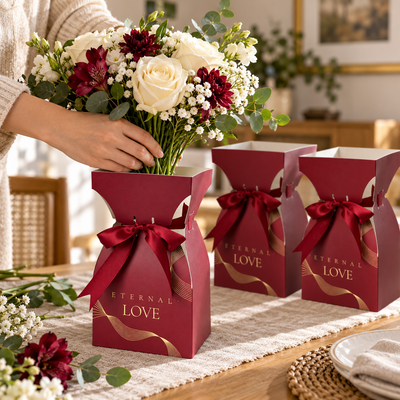 Cutii tip vază pentru buchete de flori, cu fundă - roșu (set 10 buc), exemplu de utilizare - CraftUp