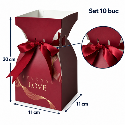Cutii tip vază pentru buchete de flori, cu fundă - roșu (set 10 buc), dimensiuni - CraftUp