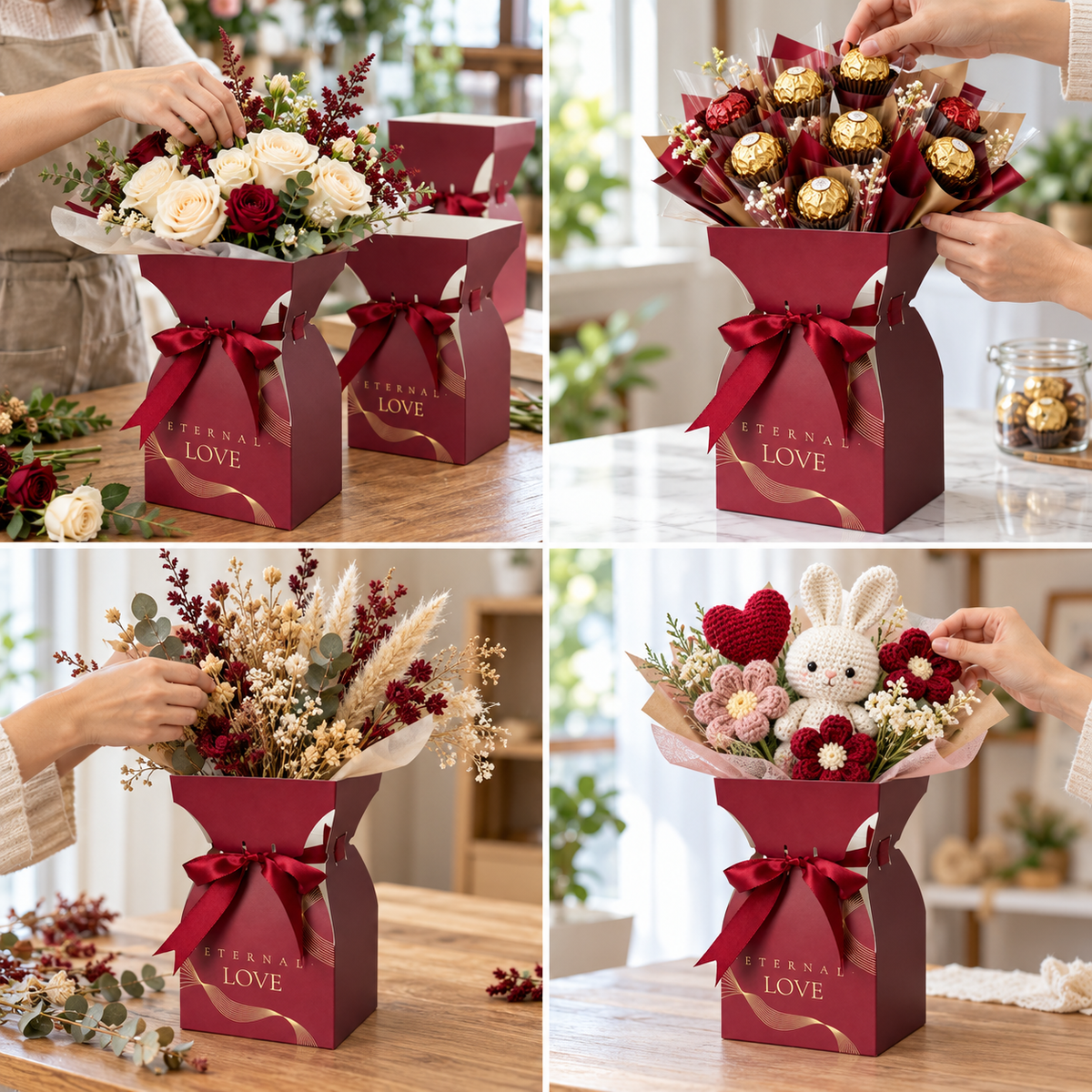 Cutii tip vază pentru buchete de flori, cu fundă - roșu (set 10 buc), detalii - CraftUp