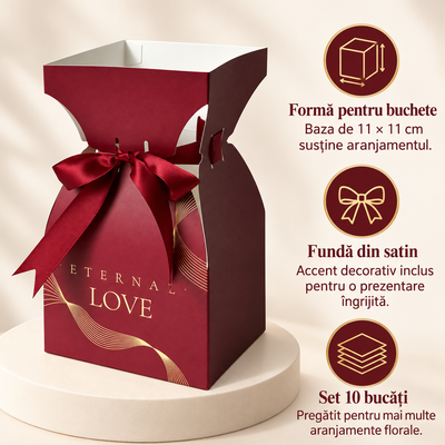 Cutii tip vază pentru buchete de flori, cu fundă - roșu (set 10 buc), avantaje - CraftUp