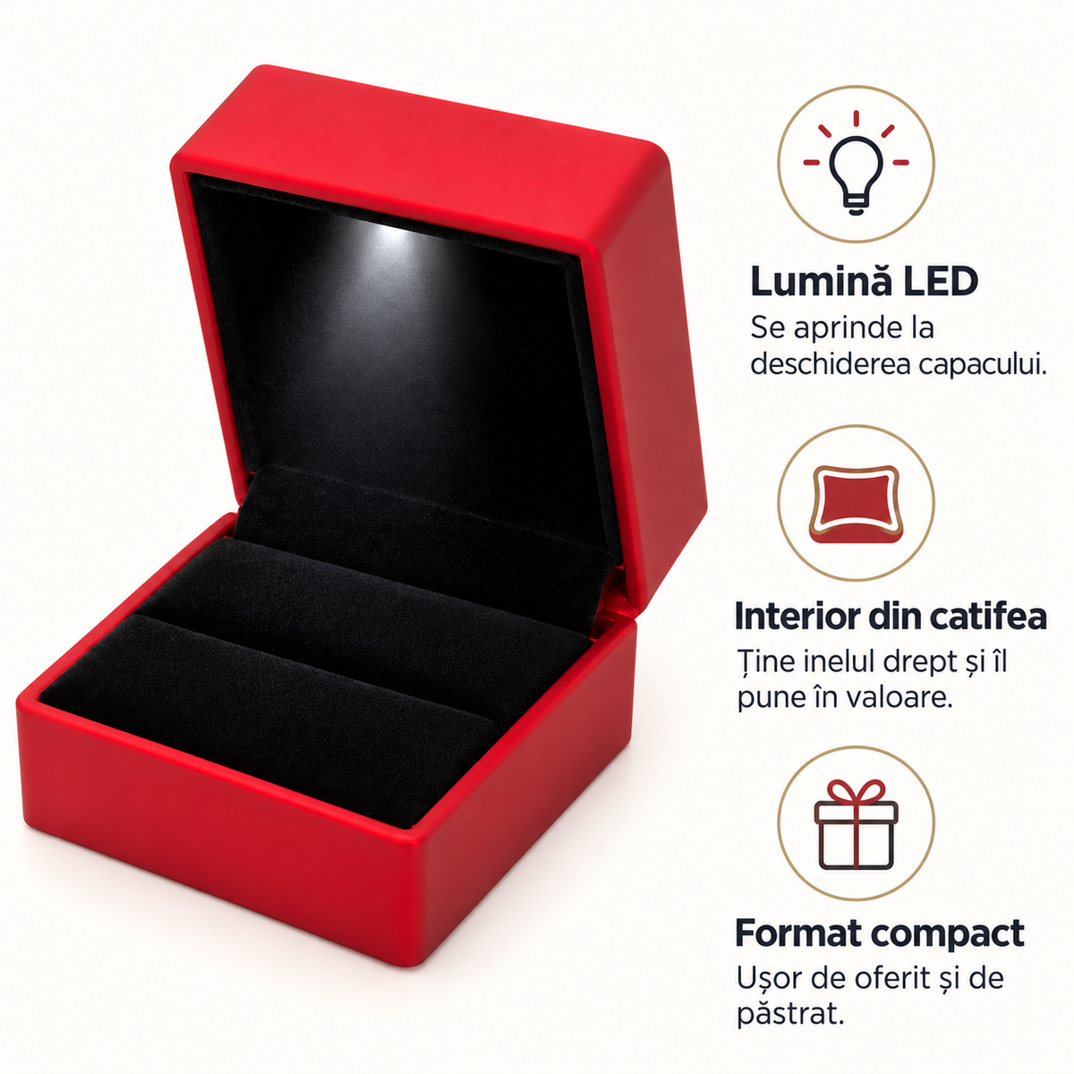Cutie pentru inel cu lumină LED și interior din catifea - roșu, avantaje - CraftUp