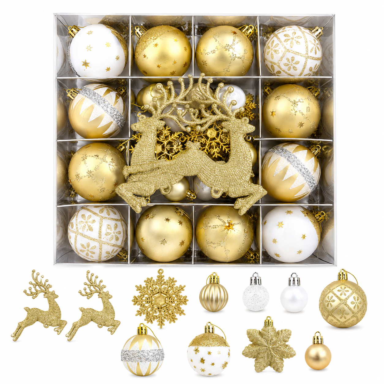Set decorațiuni brad de Crăciun - auriu și alb (set 45 buc)