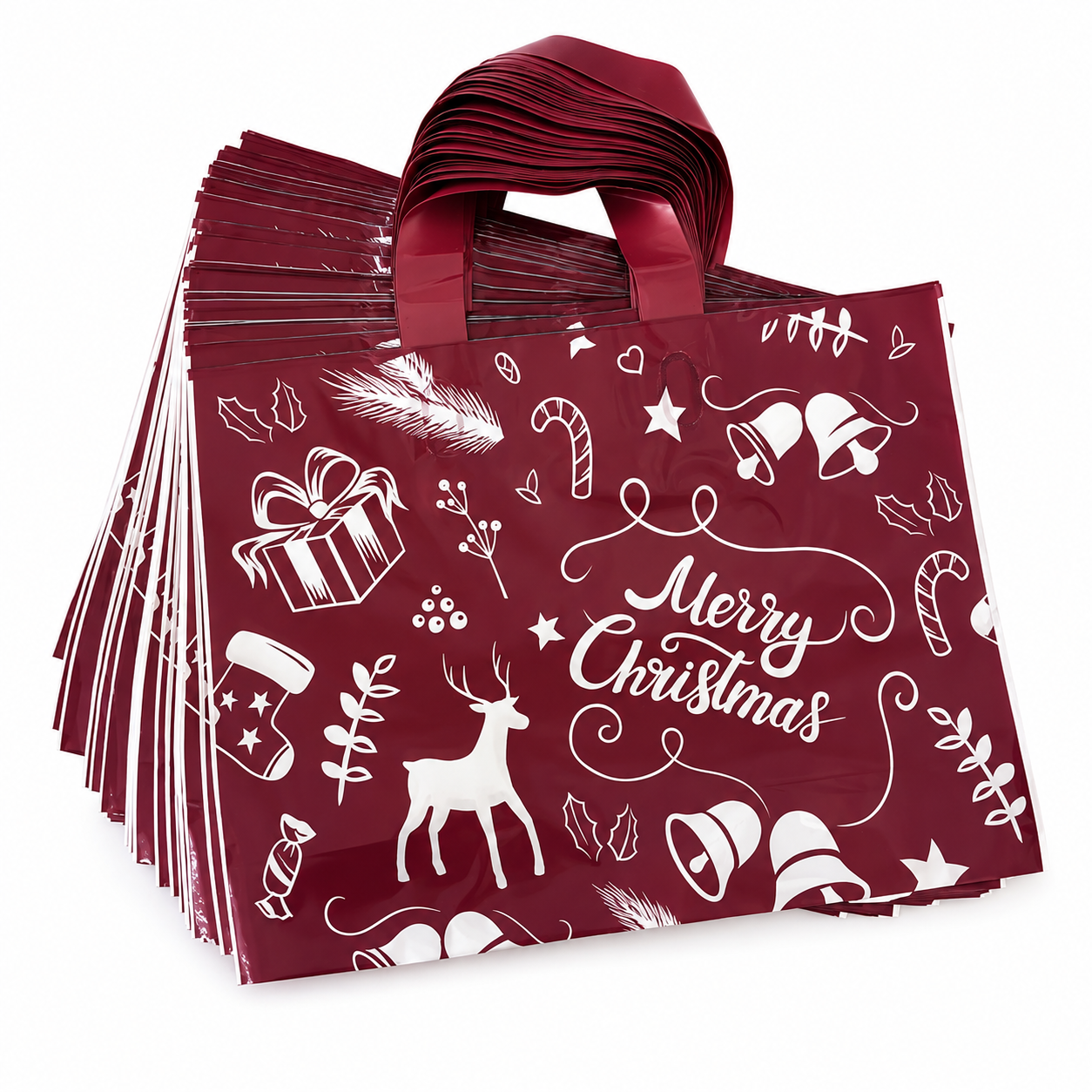 Sacoșe cadou de Crăciun cu ren și Merry Christmas - vișiniu (set 50 buc)