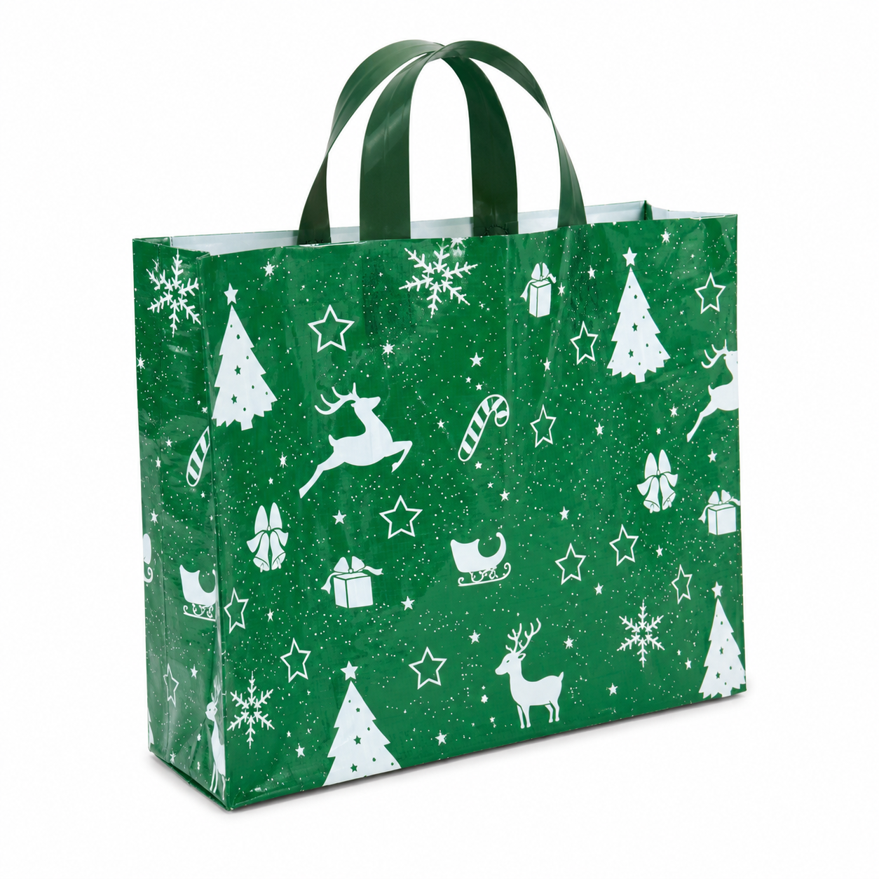 Sacoșe cadou de Crăciun cu sanie și reni - verde (set 50 buc)