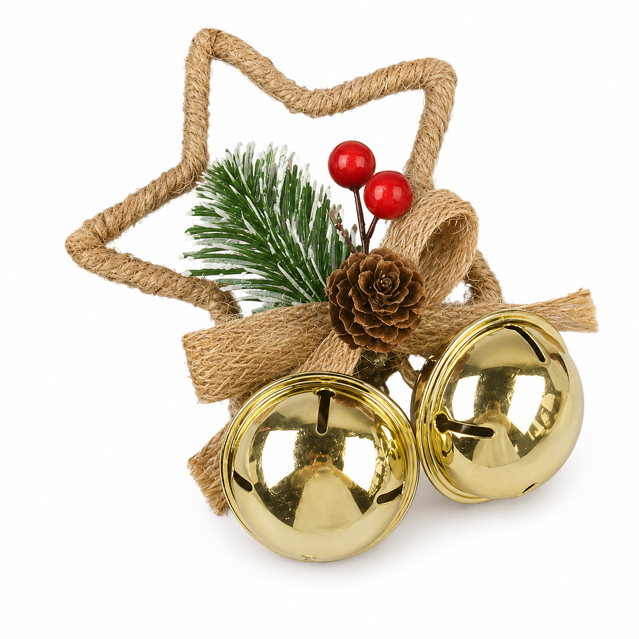 Ornament Crăciun stea din iută cu clopoței - auriu