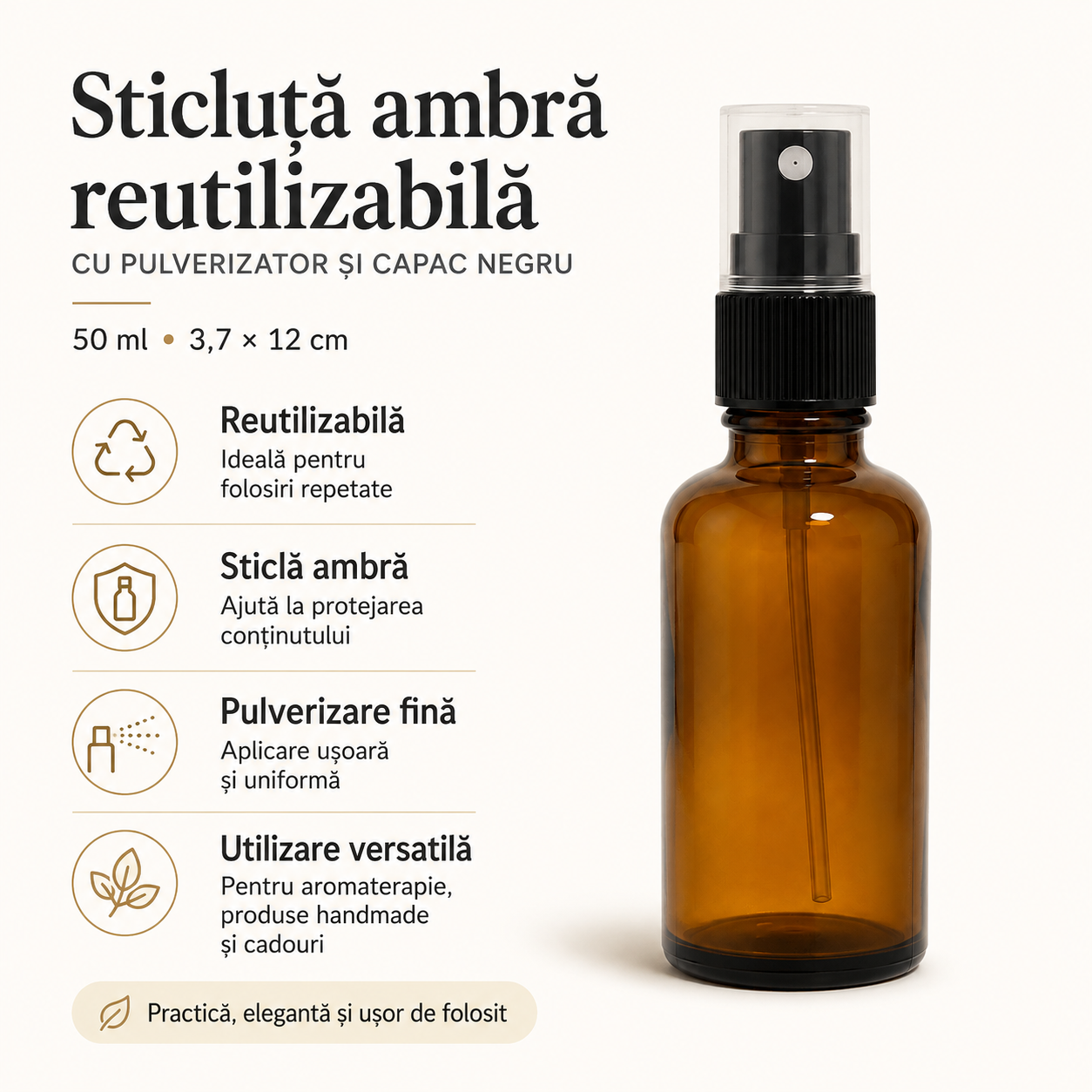 Sticluță ambră reutilizabilă cu spray și capac 50ml