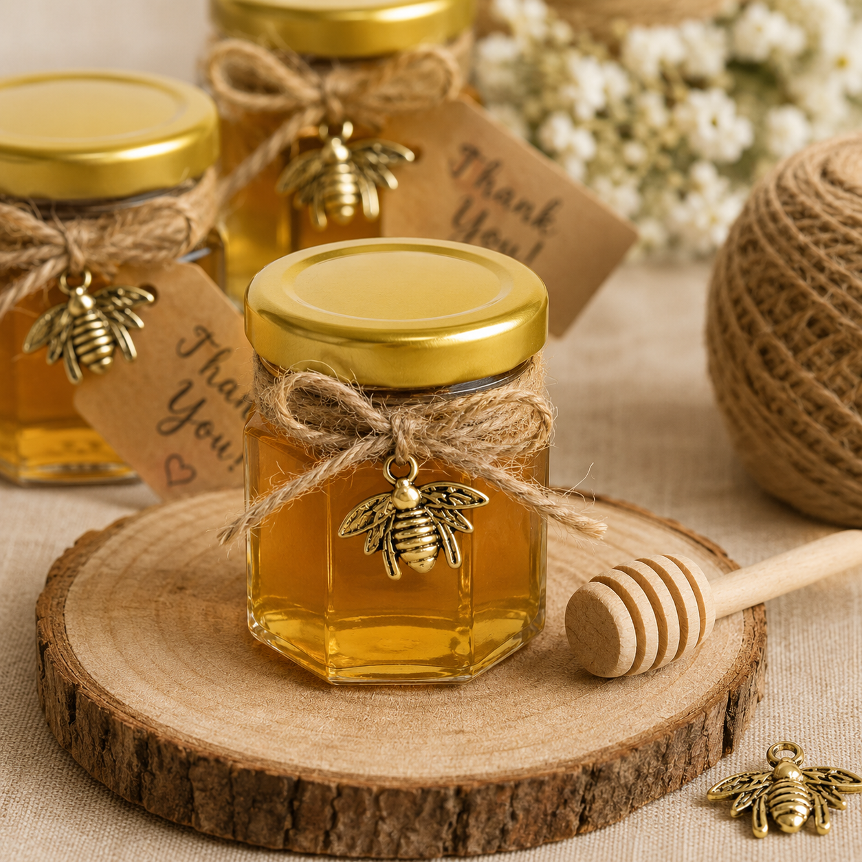 Set borcan hexagonal pentru miere cu lingură și pandantiv (cutie 30 de seturi)