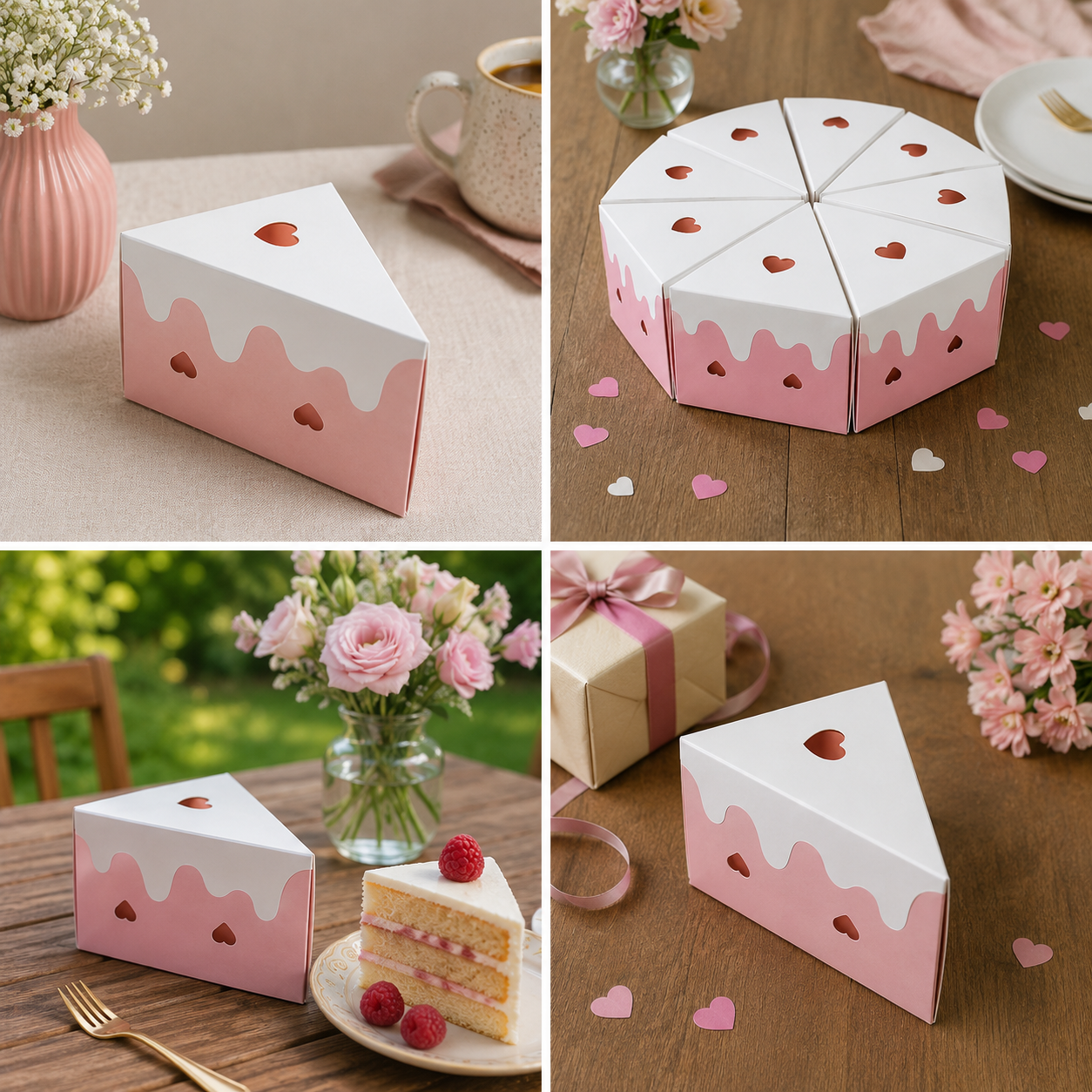 Cutie felie de tort cu inimioare - roz (set 8 buc)