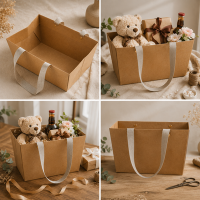 Coș kraft cu mânere pentru cadouri - maro (set 10 buc)