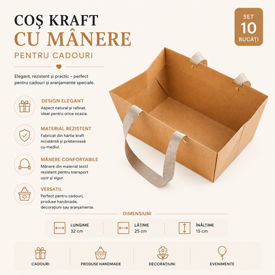 Coș kraft cu mânere pentru cadouri - maro (set 10 buc)