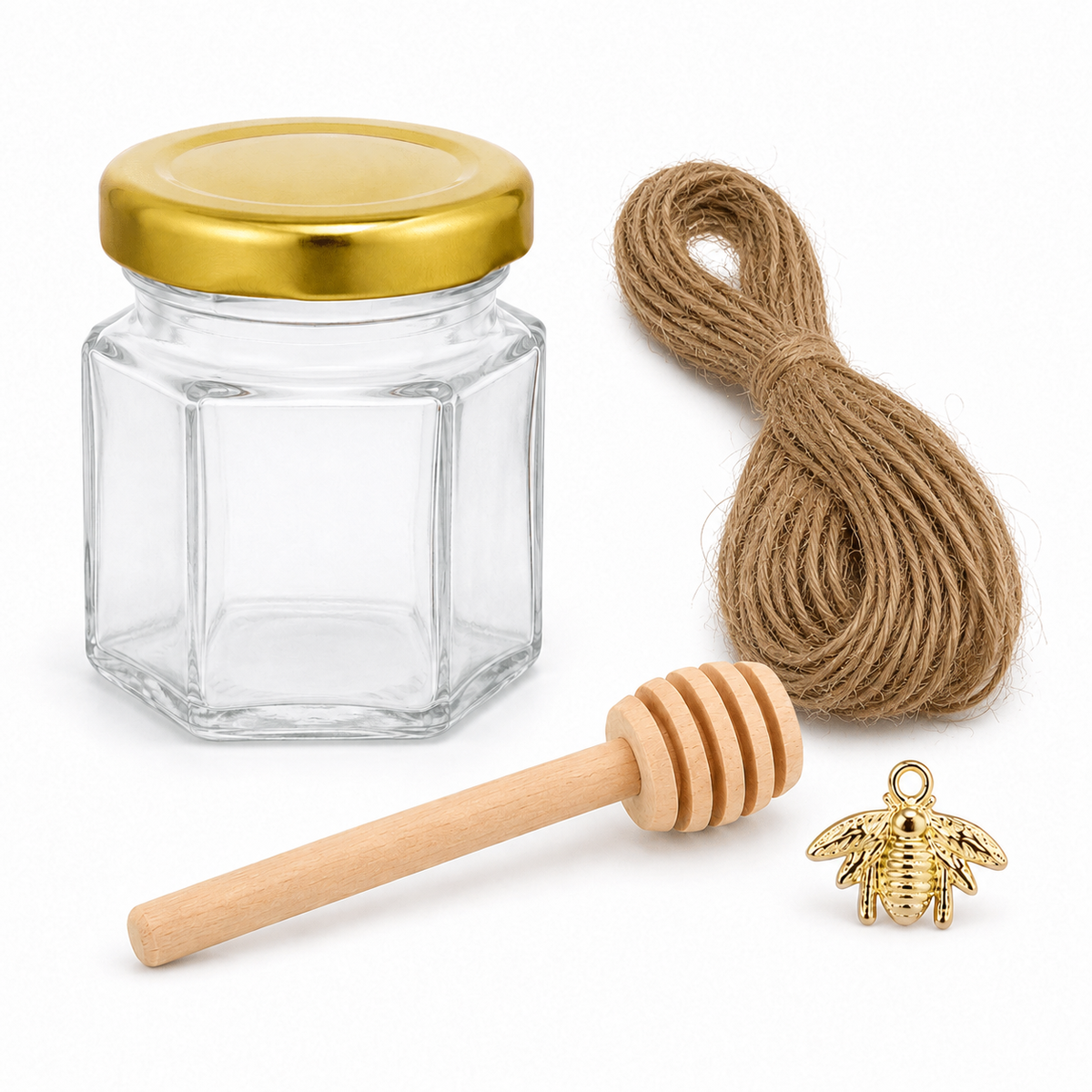 Set borcan hexagonal pentru miere cu lingură și pandantiv (cutie 30 de seturi)