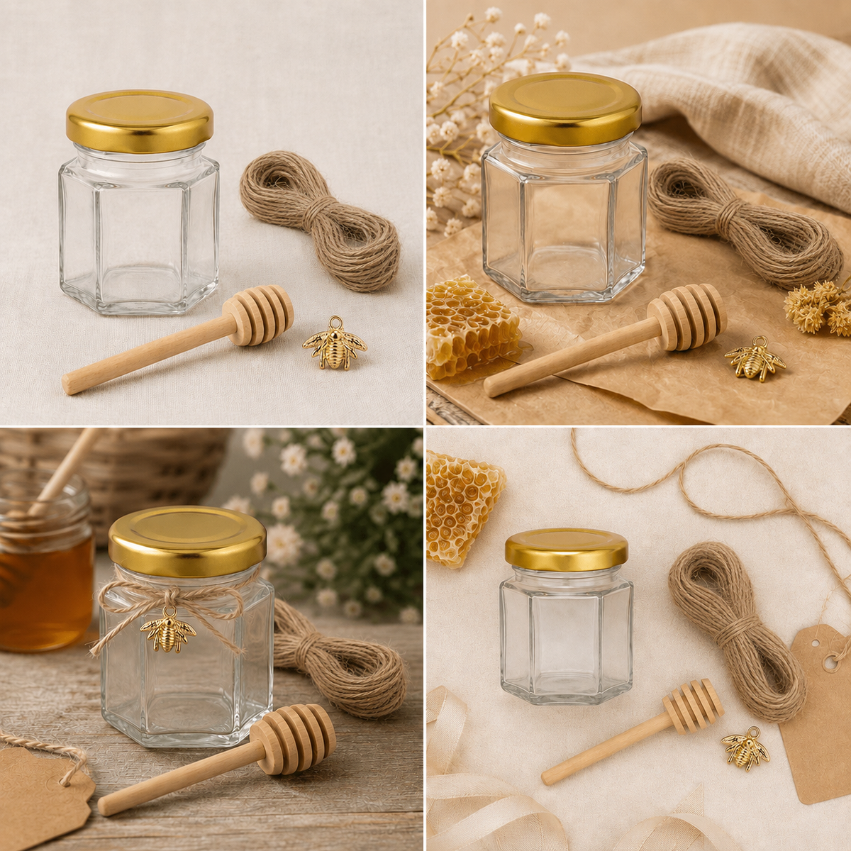 Set borcan hexagonal pentru miere cu lingură și pandantiv (cutie 30 de seturi)