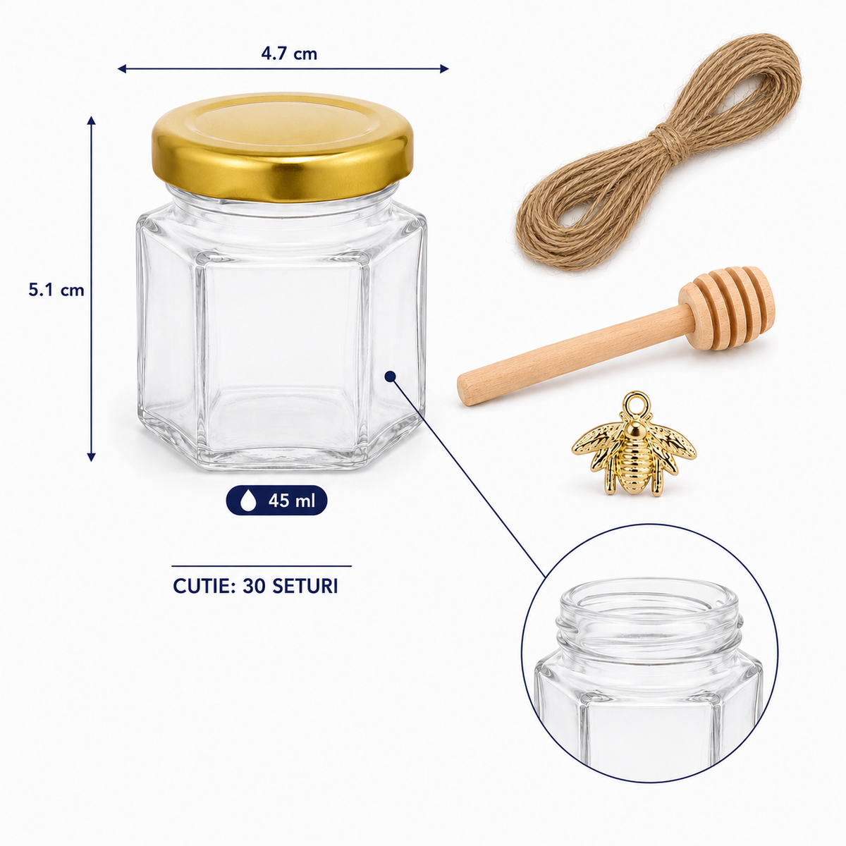 Set borcan hexagonal pentru miere cu lingură și pandantiv (cutie 30 de seturi)
