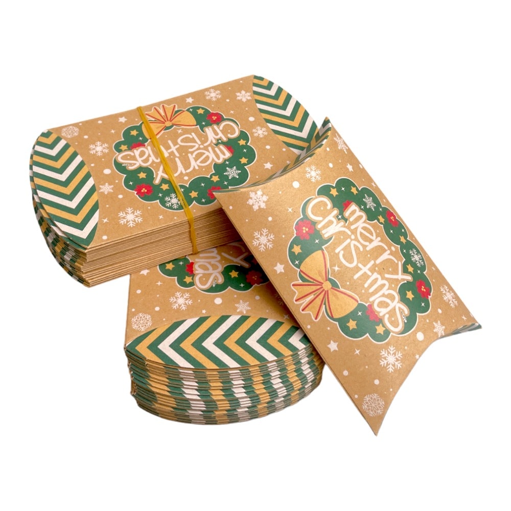 Cutie Crăciun kraft în formă de pernă - model 4 coroniță (set 50 buc) 12x7.2x2.5cm 3 - craftup.ro