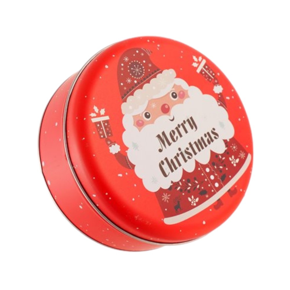 Cutie metalică rotundă roșie cu model Moș Crăciun 1 - craftup.ro