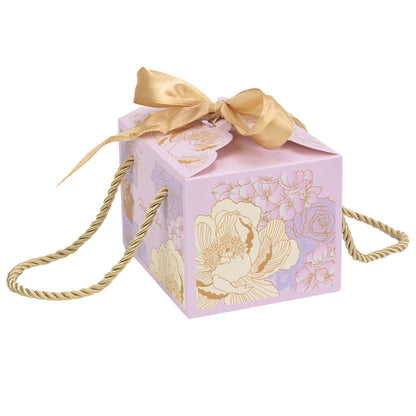 Cutie mică cu panglică și mâner din sfoară model floral - mov (set 50 buc) - 10.5x8.3x7.3cm 1 - craftup.ro