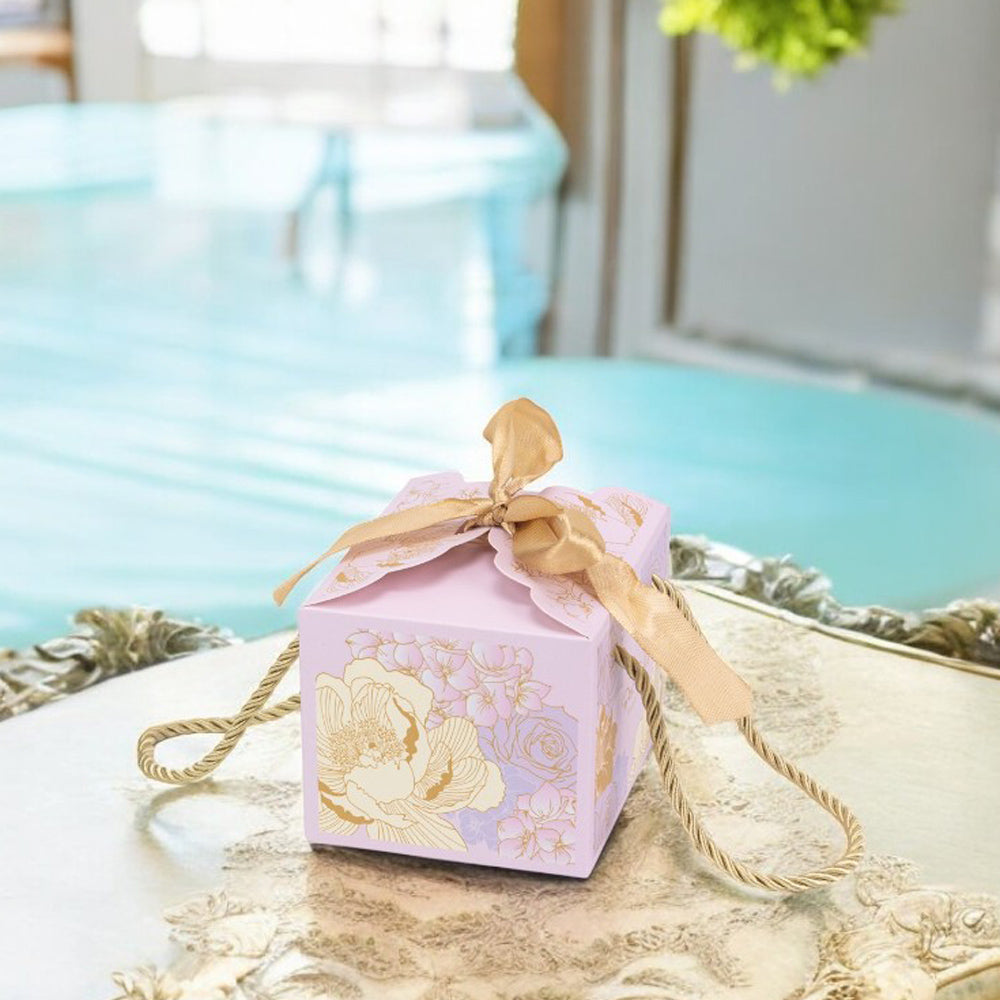 Cutie mică cu panglică și mâner din sfoară model floral - mov (set 50 buc) - 10.5x8.3x7.3cm 2 - craftup.ro
