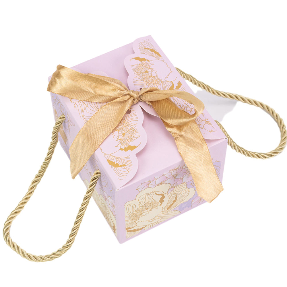 Cutie mică cu panglică și mâner din sfoară model floral - mov (set 50 buc) - 10.5x8.3x7.3cm 4 - craftup.ro