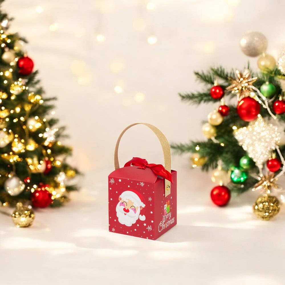 Cutie mică pătrată Crăciun cu fereastră, mâner kraft și fundă - roșu (set 50 buc)