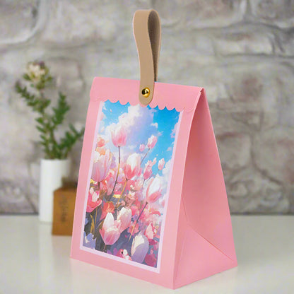 Cutie dreptunghiulară din hârtie model floral și mâner din piele - roz (set 50 buc) - 12x7.5x15.5cm 2