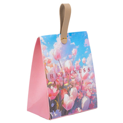 Cutie dreptunghiulară din hârtie model floral și mâner din piele - roz (set 50 buc) - 12x7.5x15.5cm 3
