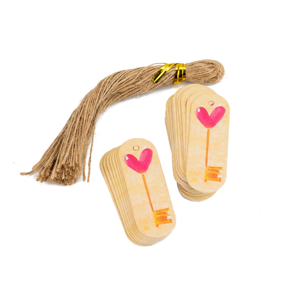 Etichete ovale cu sfoară model cheie inimă - roz (set 50 buc) 1 - craftup.ro