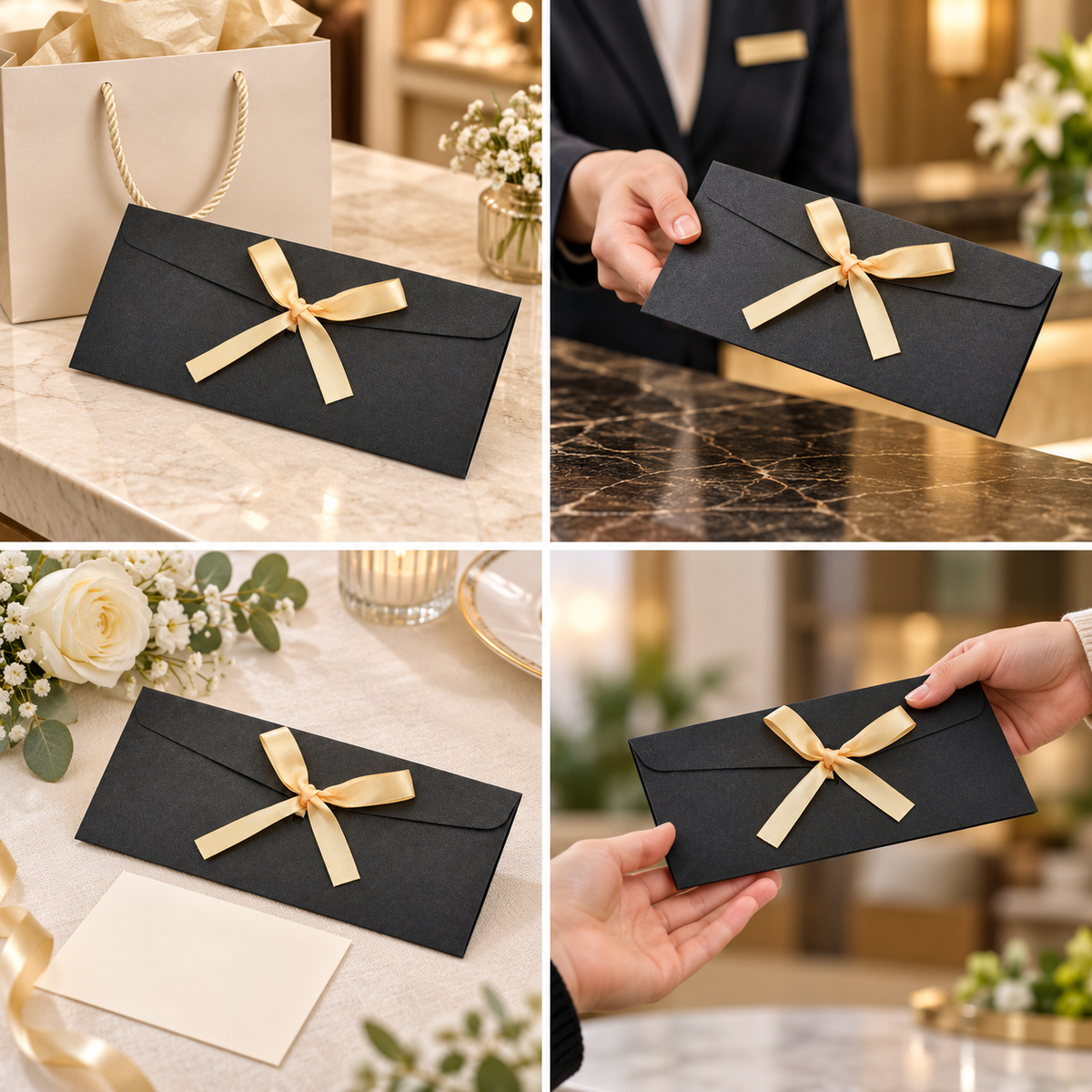 Plicuri sidefate cu fundiță din satin - negru (set 10 buc), detalii - CraftUp