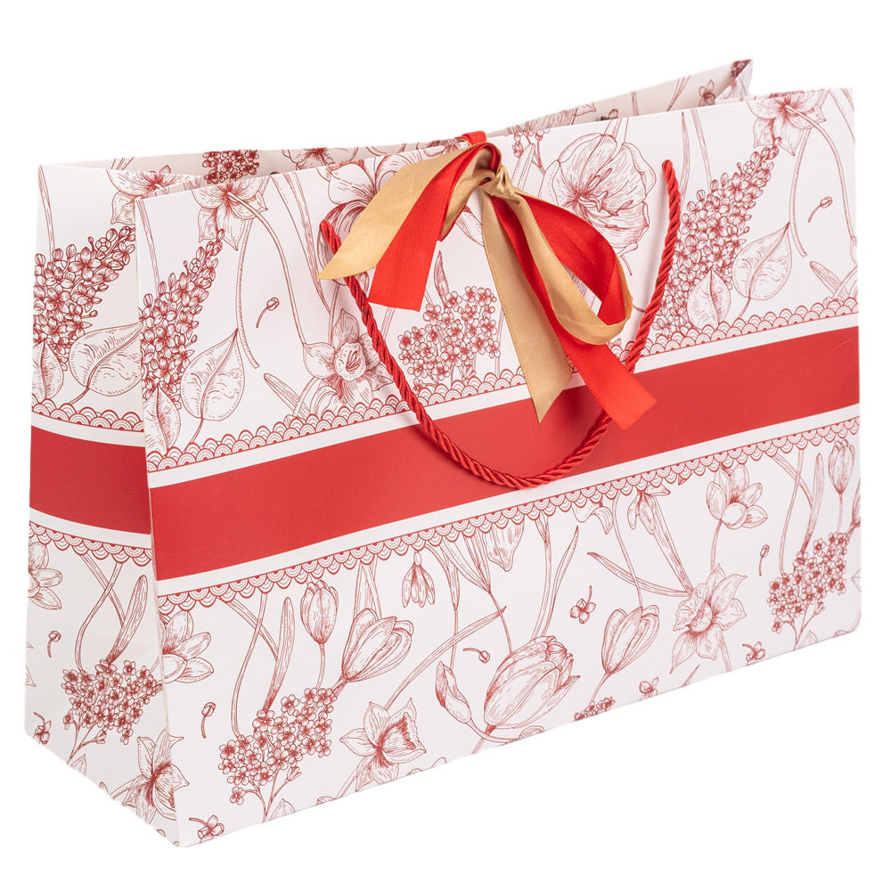 Pungă model floral cu 2 panglici colorate și mâner din sfoară - roșu (set 10 buc) 36x12x24cm 3 - craftup.ro