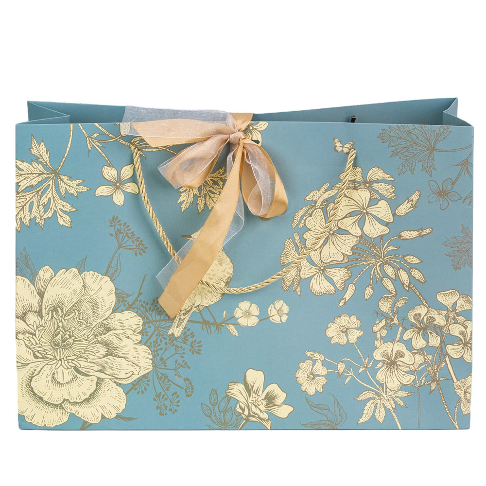 Pungă model floral cu 2 panglici colorate și mâner din sfoară - turcoaz (set 10 buc) 36x12x24cm 1 - craftup.ro