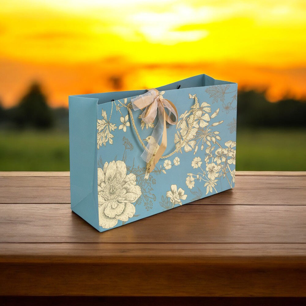 Pungă model floral cu 2 panglici colorate și mâner din sfoară - turcoaz (set 10 buc) 36x12x24cm 2 - craftup.ro