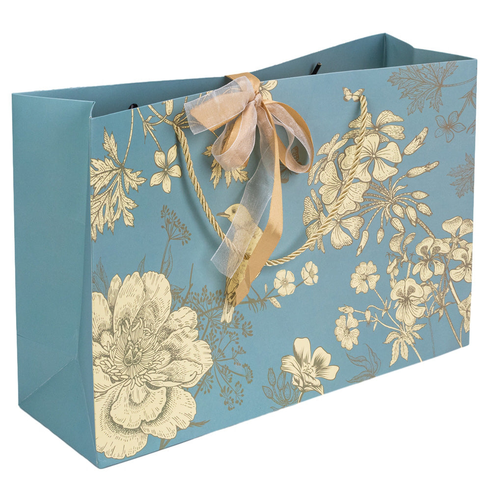 Pungă model floral cu 2 panglici colorate și mâner din sfoară - turcoaz (set 10 buc) 36x12x24cm 3 - craftup.ro