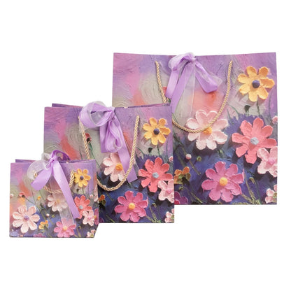 Pungi design pictură 3D cu mâner, fundă satinată și organza - mov (set 12 buc)